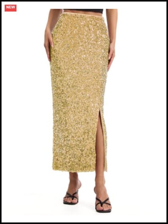 Dresses & Skirts - Sequin Pencil Midi Skirt with Side Slit Stretch Fit Party Skirt